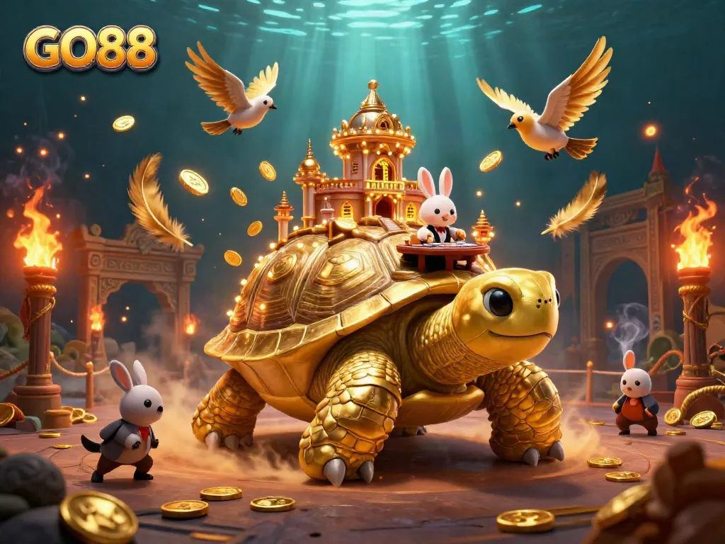 Win big at GO88 with unique casino thrills in this vibrant 3D illustration showcasing dynamic gaming elements.