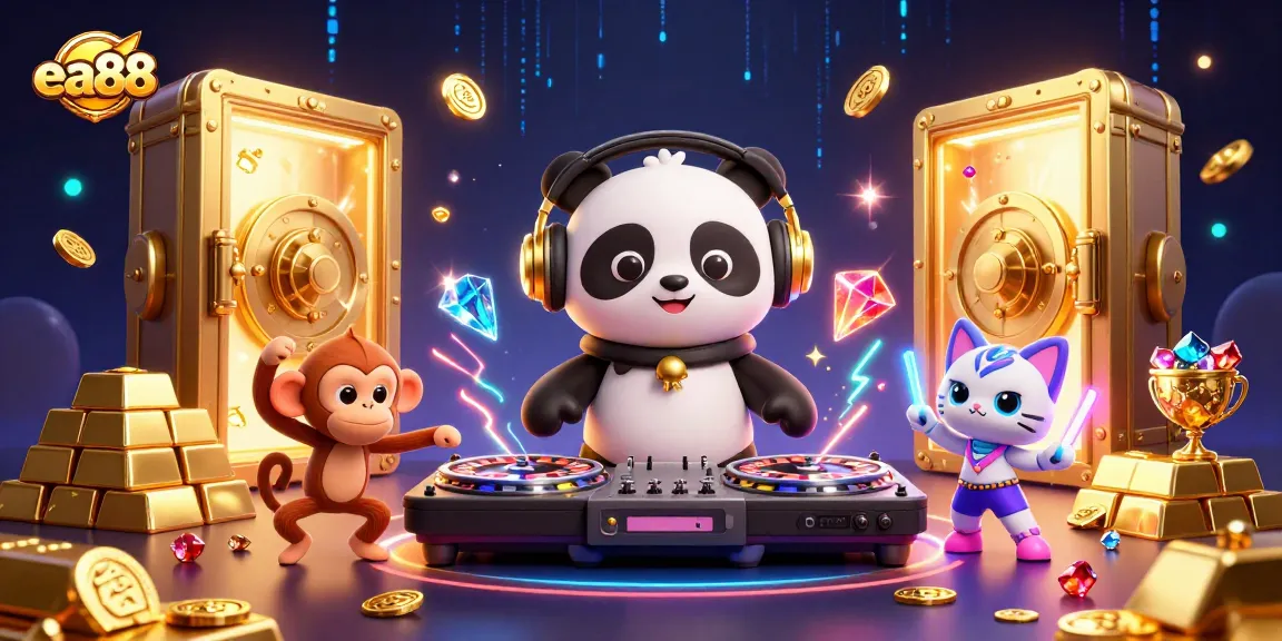 Experience the thrilling energy of ea88 with a DJ panda, dancing monkey, and glow-stick kitten in this vibrant casino scene.