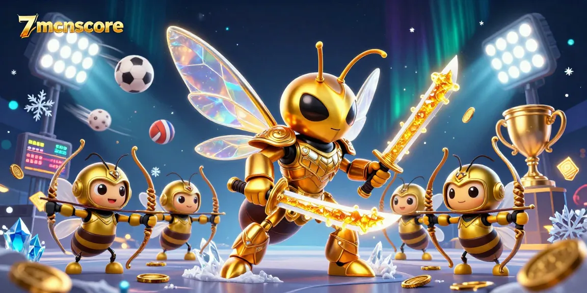Engage with thrilling sports betting at 7mcnscore with an epic 3D illustration of a golden hornet warrior.