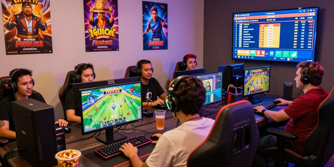 Exciting online gaming setup showcasing players discussing depo pulsa 10k tanpa potongan strategies, immersed in vibrant slot games.