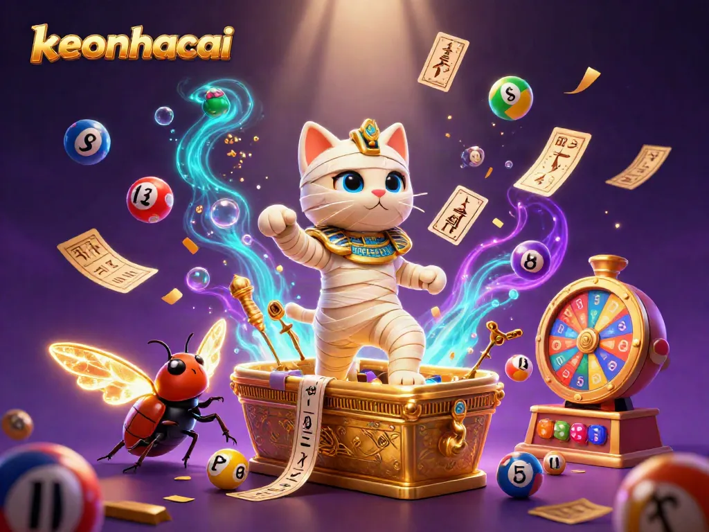 Engage with keonhacai’s vibrant lottery and casino scene featuring a mummy cat, golden elements, and dynamic game action.