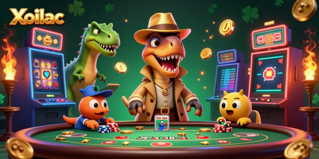 Xoilac dinosaur card counter interacting at a casino with vibrant gaming elements around