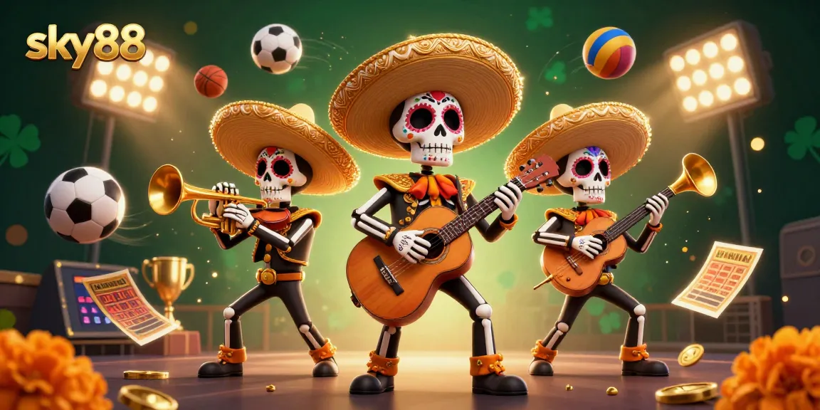 Engage with sky88's vibrant 3D casino scene showcasing a mariachi band amidst dynamic sports elements.