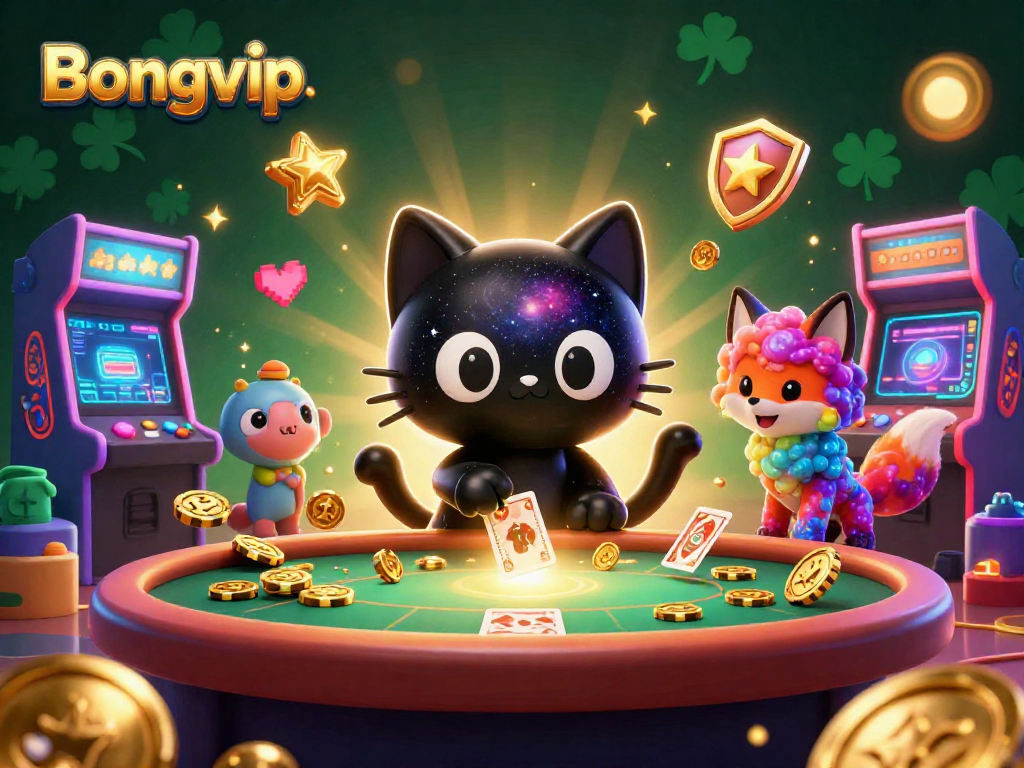 Bongvip brings excitement to players as a cartoon cat attracts casino chips and cards at a cosmic table.