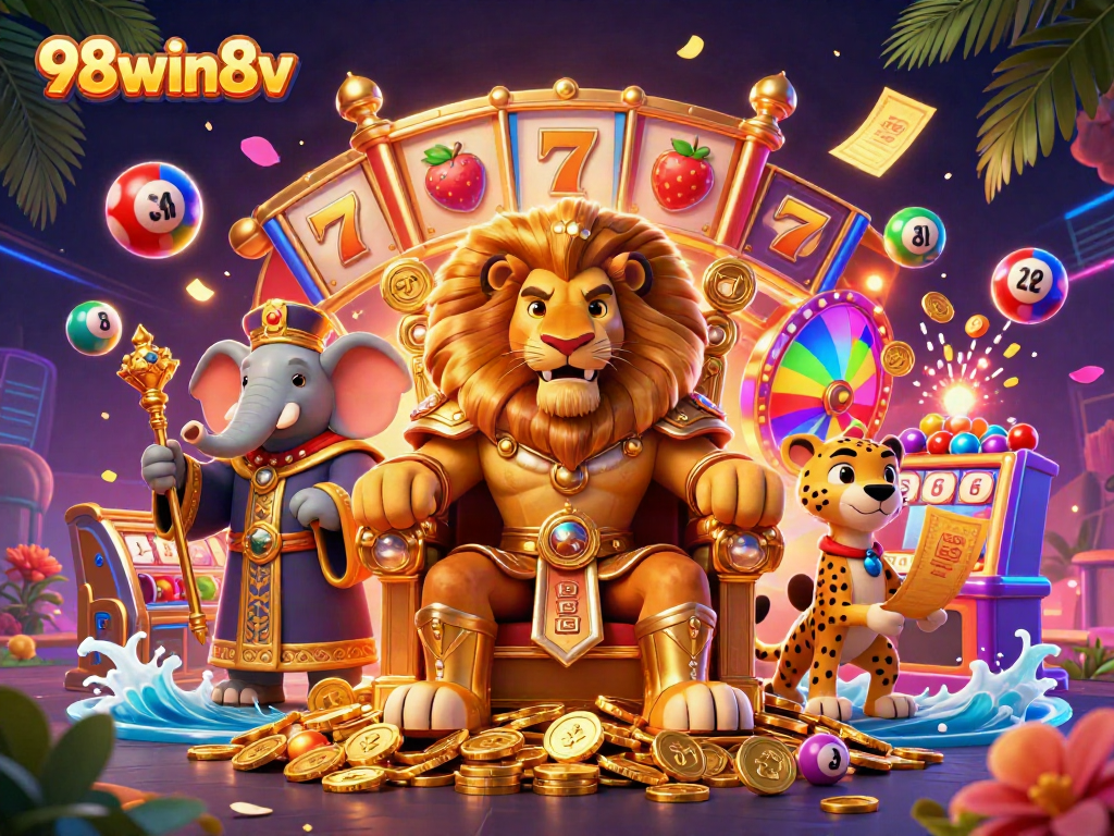 Experience the vibrant gambling world of 98win8v with a thrilling scene of games and fortune.