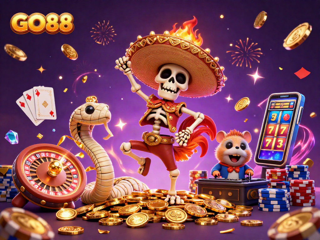 Engage with GO88's vibrant gaming world featuring lively characters and thrilling casino elements.
