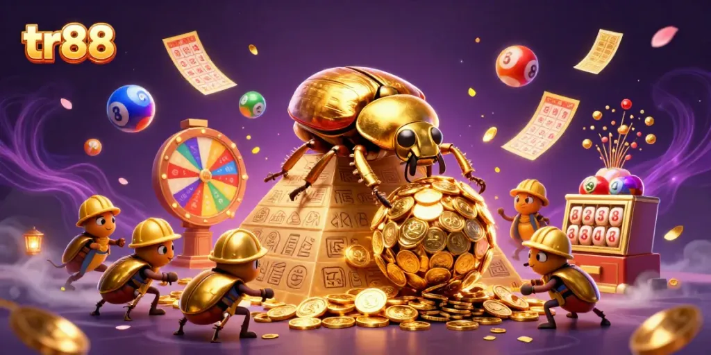 tr88 combines vibrant casino elements with dynamic lottery balls, golden coins, and joyful gaming atmosphere.
