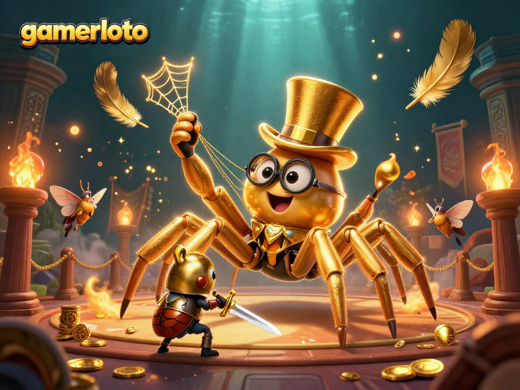 Engage with gamerloto's 3D casino scene featuring a golden tarantula and beetle knight.