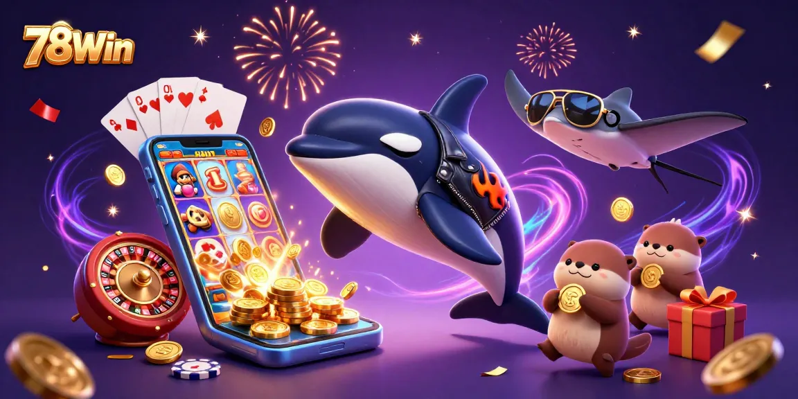 Engage with 78Win's vibrant 3D illustration featuring gaming characters surrounded by exploding coins and slot games.