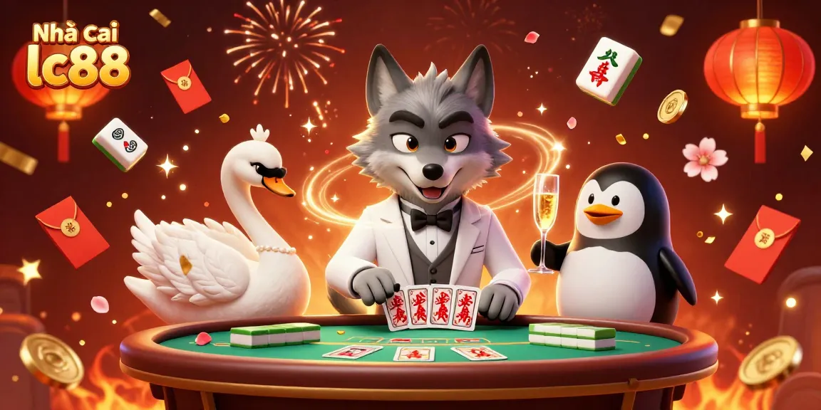 Play exciting games at Nhà cái lc88 with a vibrant casino scene featuring 3D characters and festive elements.