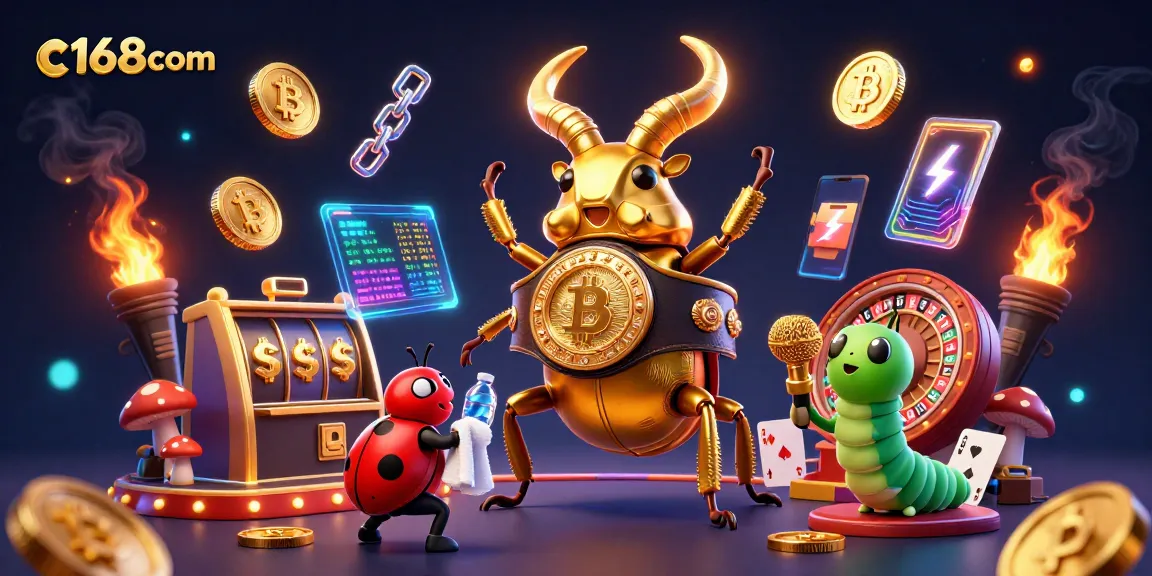 Experience thrilling action at c168com with a vibrant casino scene featuring unique characters and cryptocurrencies.