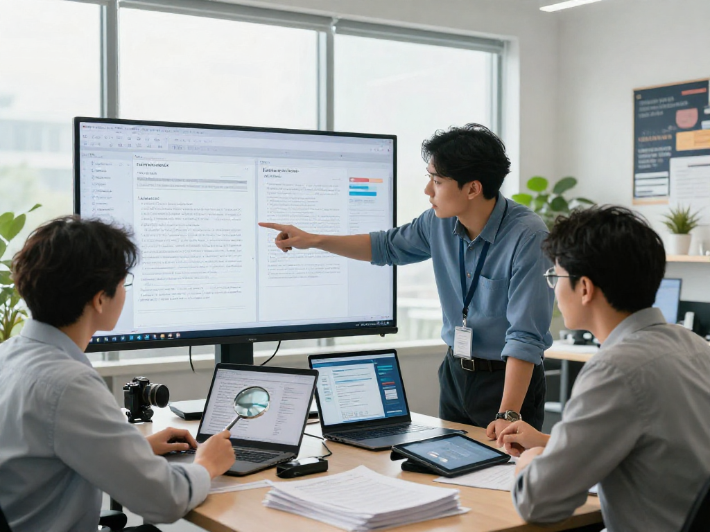 Team analyzing data for document fraud detection in a modern office environment.