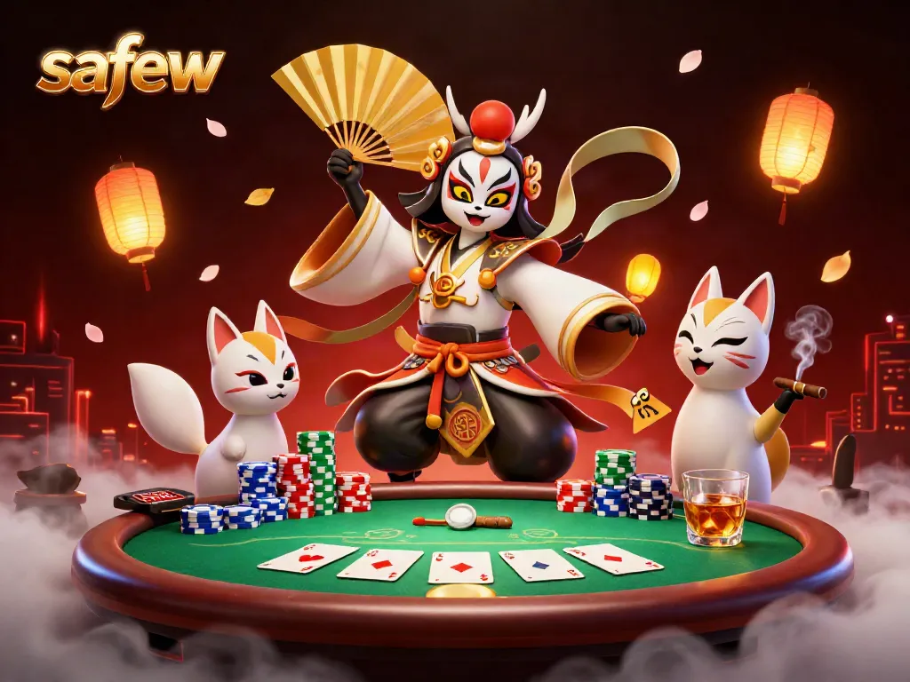 Experience safew's immersive gambling excitement with kabuki warrior and vibrant poker elements.