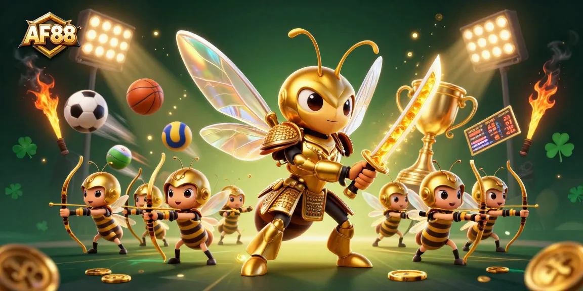 AF88 offers thrilling sports betting experiences with a giant samurai hornet leading bee archers in an exciting 3D scene.