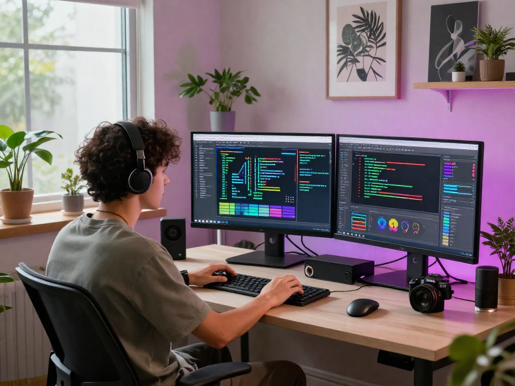 Creative workspace with NSFW AI design on monitors, showcasing innovative tech elements, colorful graphics, and a modern atmosphere.