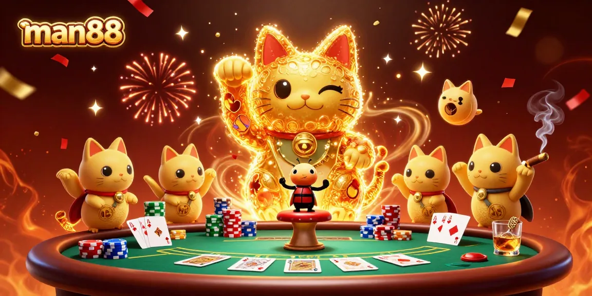 Experience man88's vibrant casino excitement with a lucky cat and poker scene.