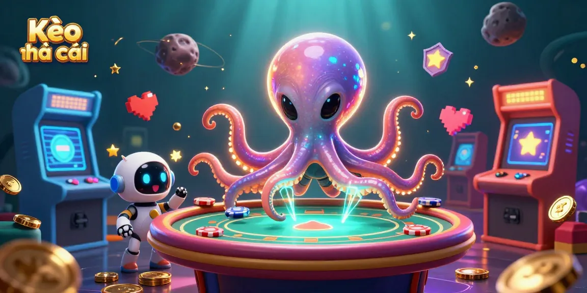Kèo nhà cái features a vibrant cartoon alien octopus playing poker with galactic ambiance and colorful gaming elements.