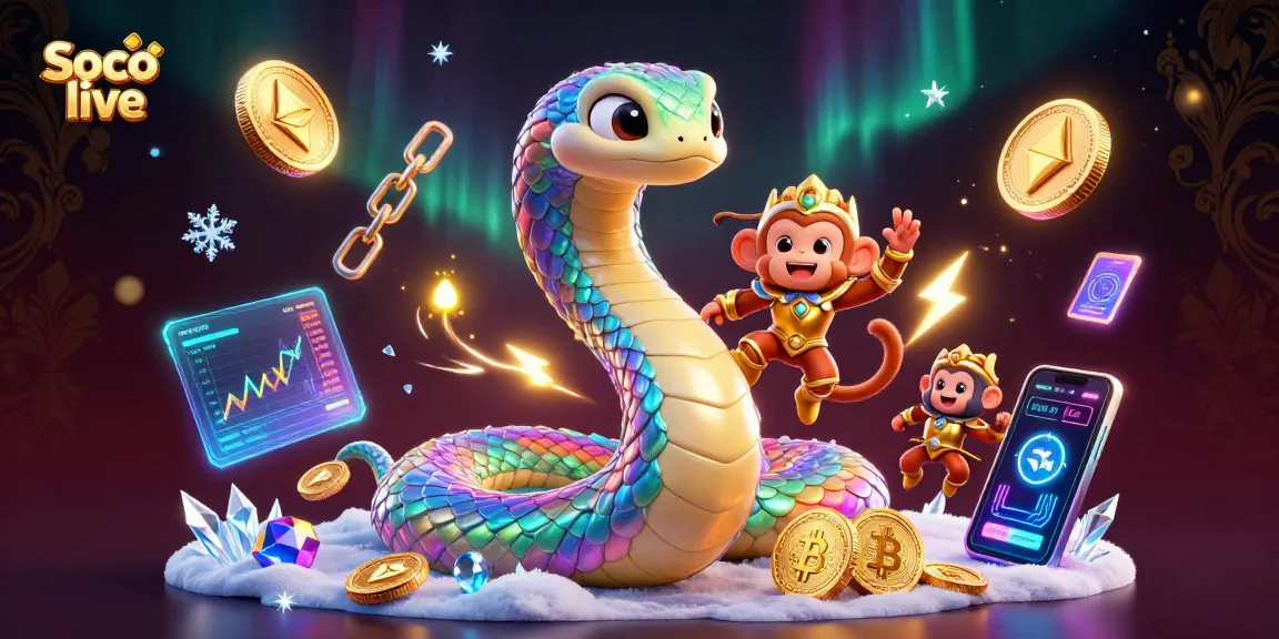 Soco live offers thrilling gaming experiences with vibrant characters and crypto elements in a casino-inspired digital illustration.