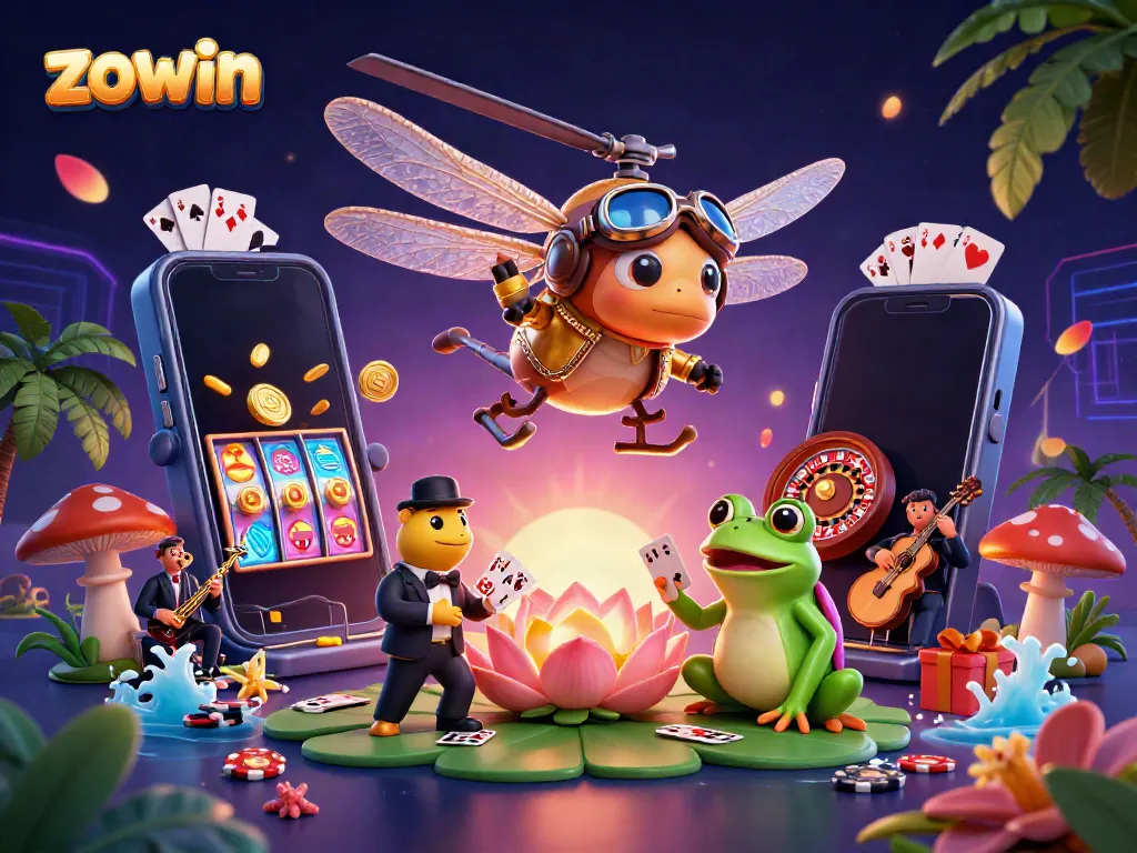 Zowin brings gaming excitement with a vibrant 3D casino scene featuring playful characters and colorful slot games.