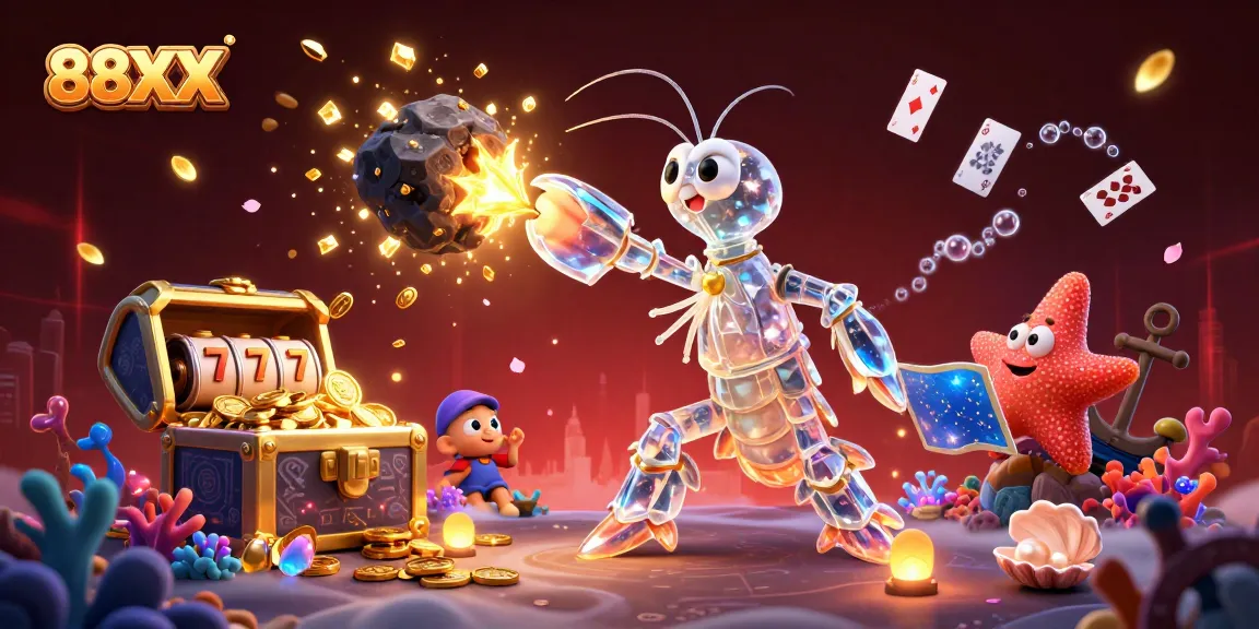 Engage with thrilling slots at 88XX while a galactic mantis shrimp battles through gems and coins.