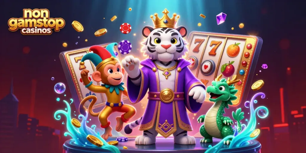 Experience non gamstop casinos with a vibrant scene featuring playful characters and dynamic slots.