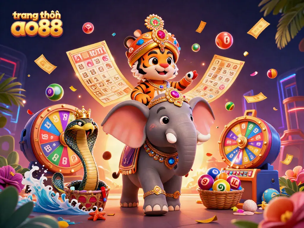 Experience the vibrant action of trang chủ ao88 featuring a maharaja tiger and elephant among colorful lottery elements.