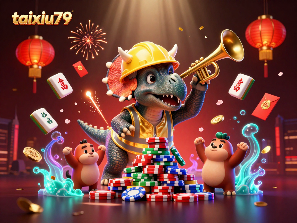 Experience the exhilarating atmosphere of taixiu79 with a vibrant 3D illustration of a triceratops and cheering compys celebrating a poker chip pyramid.