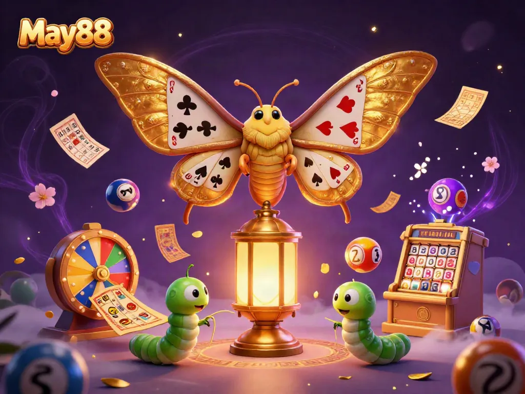 May88 showcases an enchanting world of games with a majestic moth, lottery elements, and vibrant casino excitement.