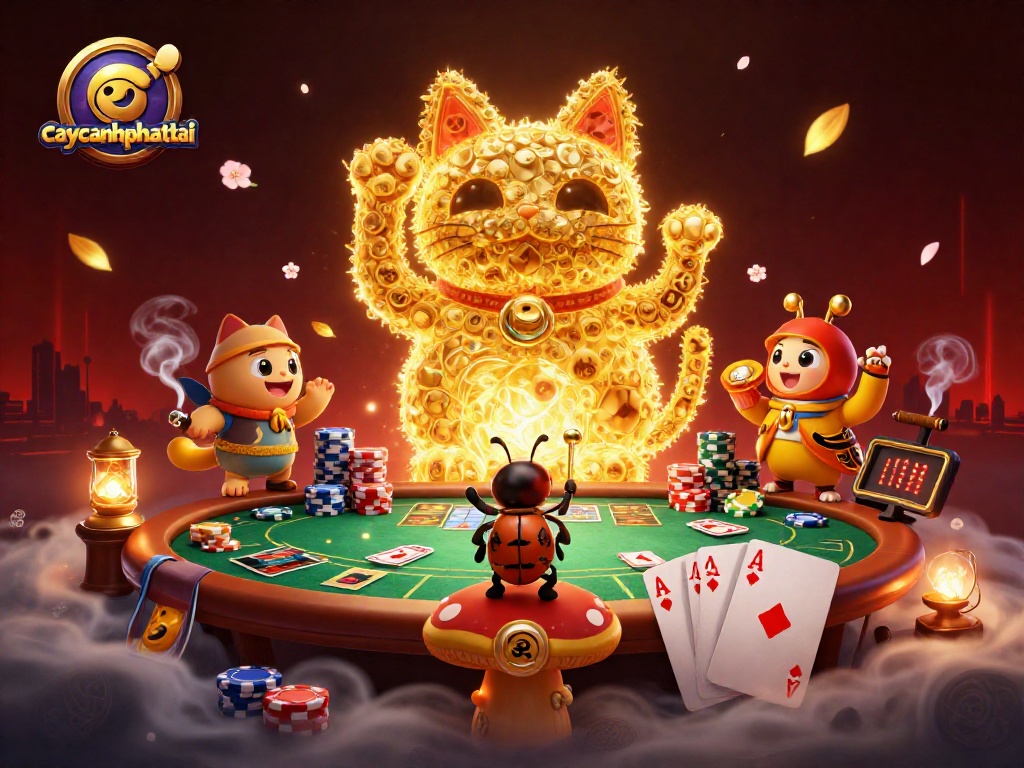 Play and win with caycanhphattai as golden fireflies dance around casino symbols in a vibrant scene.