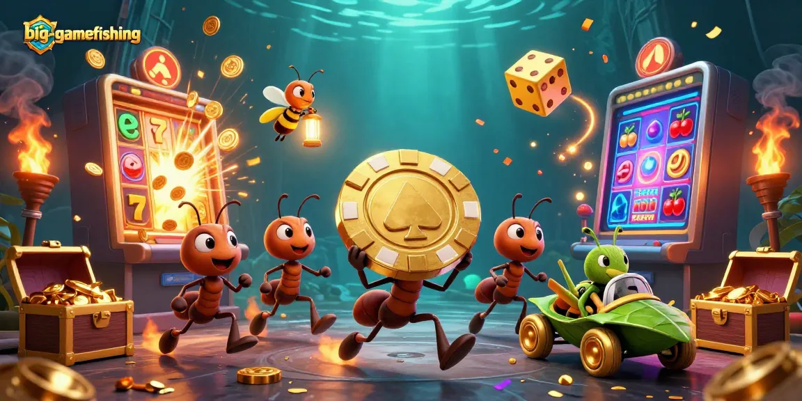 big-gamefishing cartoon heist scene with ants, poker chip, and casino bursts