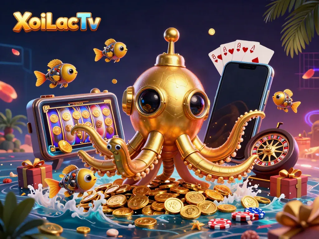 XoiLacTv showcases a vibrant 3D scene of a golden kraken submarine amidst casino elements like slot games and coins.