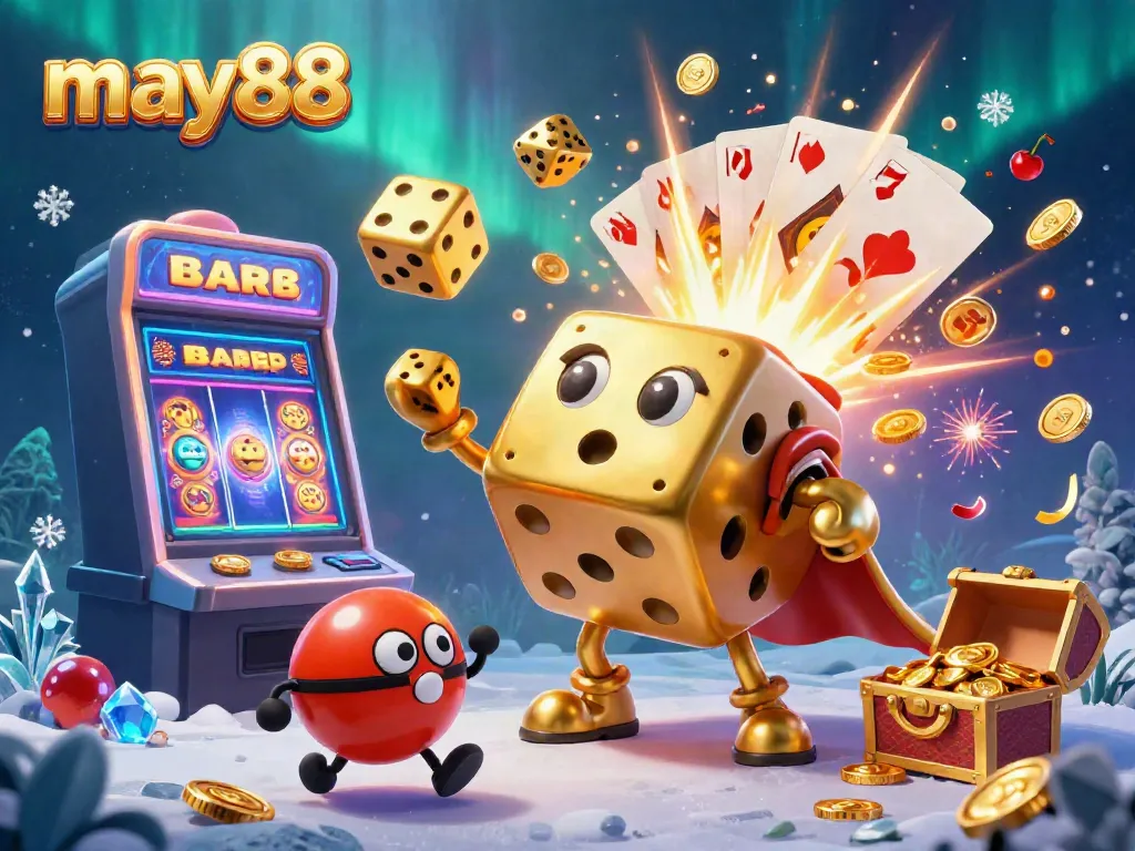 Experience gaming excitement with the may88 casino scene featuring a golden dice golem and jackpot slots.