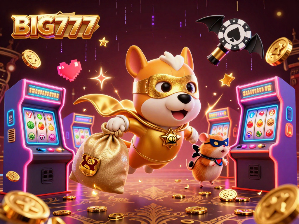 Experience BIG777 excitement with cartoon superheroes amid vibrant casino gaming elements.