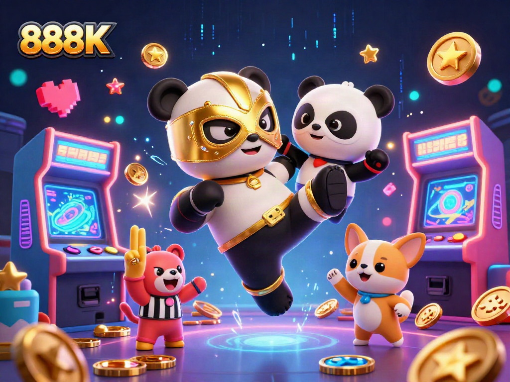 Join the excitement of 888K with cartoon panda and chihuahua in a dynamic casino-themed scene.
