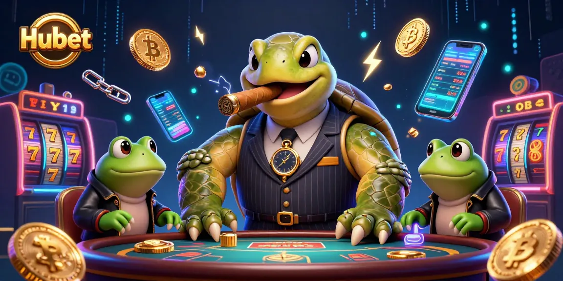 Engage in thrilling slots at Hubet, featuring a cartoon turtle mobster and vibrant casino elements.