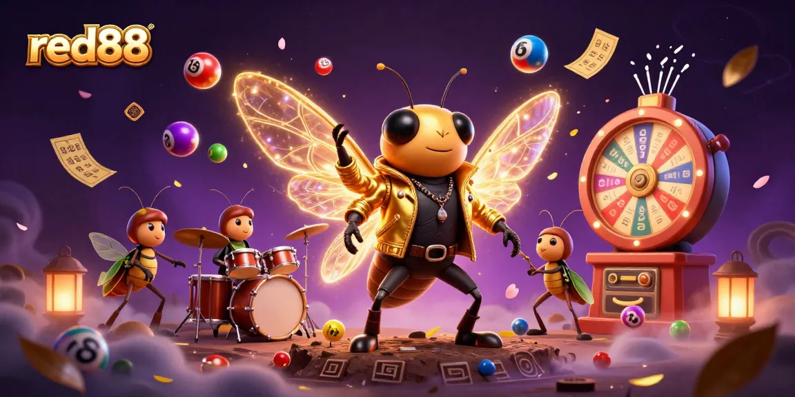 Experience thrilling gameplay with red88's vibrant illustration of a cicada rock star and lively casino elements.