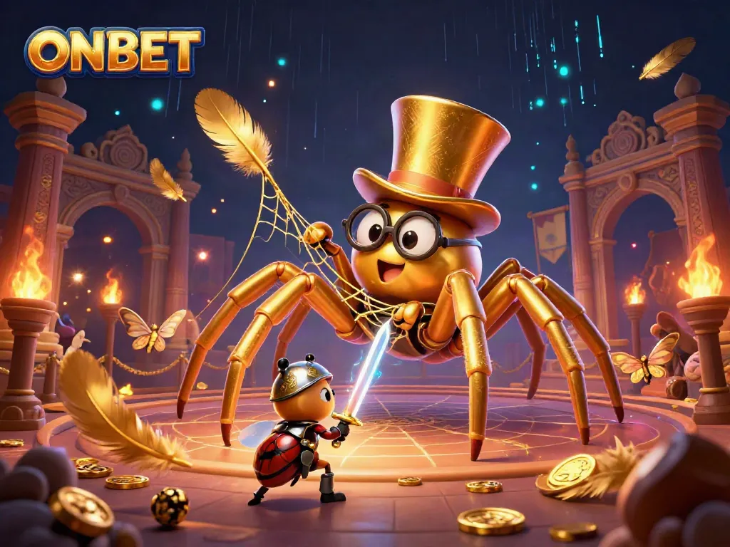 Join the fun at ONBET with a giant tarantula and beetle knight in an exciting casino scene.