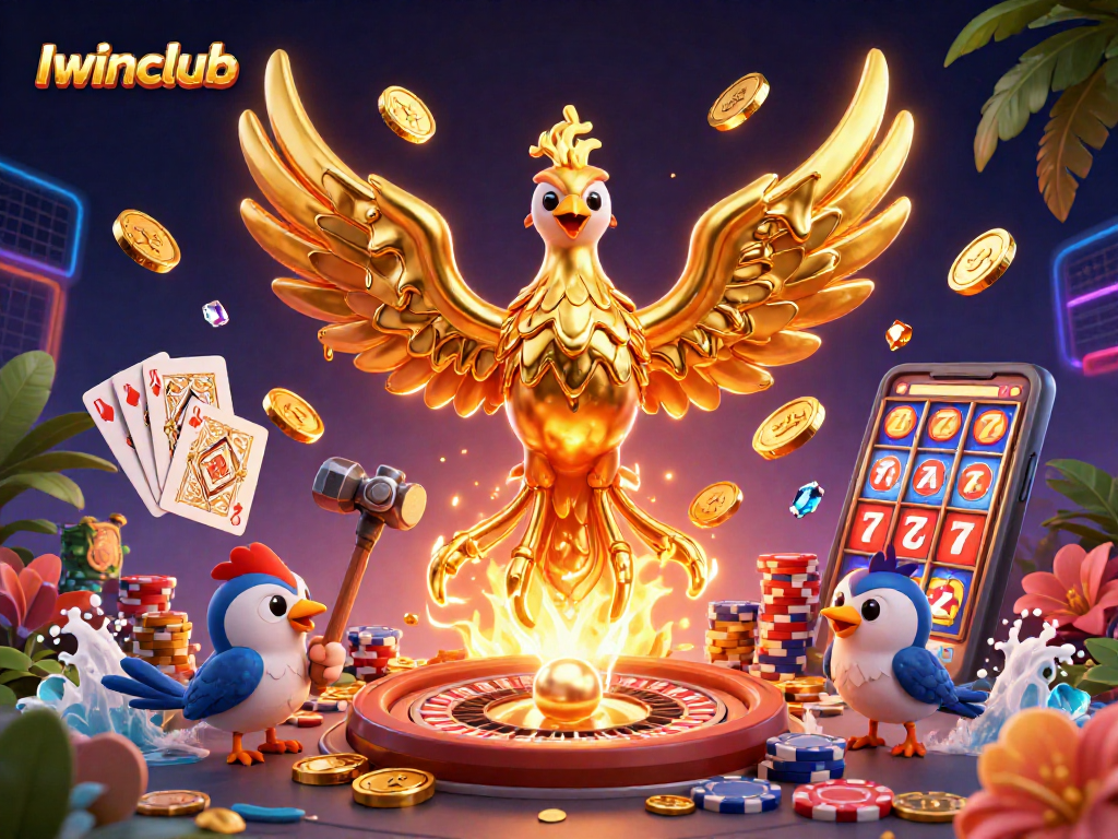 Iwinclub showcases dynamic casino action with a unique molten phoenix, golden coins, and roulette.