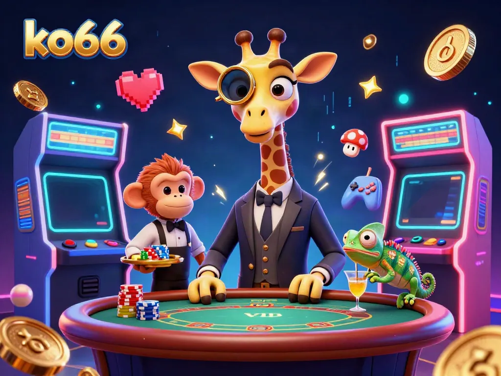 Join the thrilling games at KO66 with a vibrant casino scene featuring rich characters.