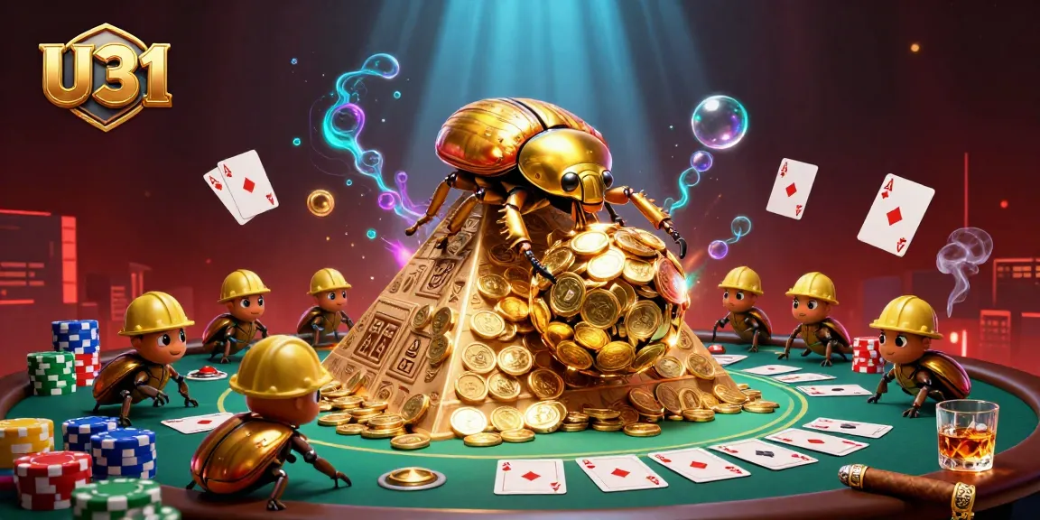 Experience U31's excitement with a golden dung beetle rolling coins in this vibrant casino scene.