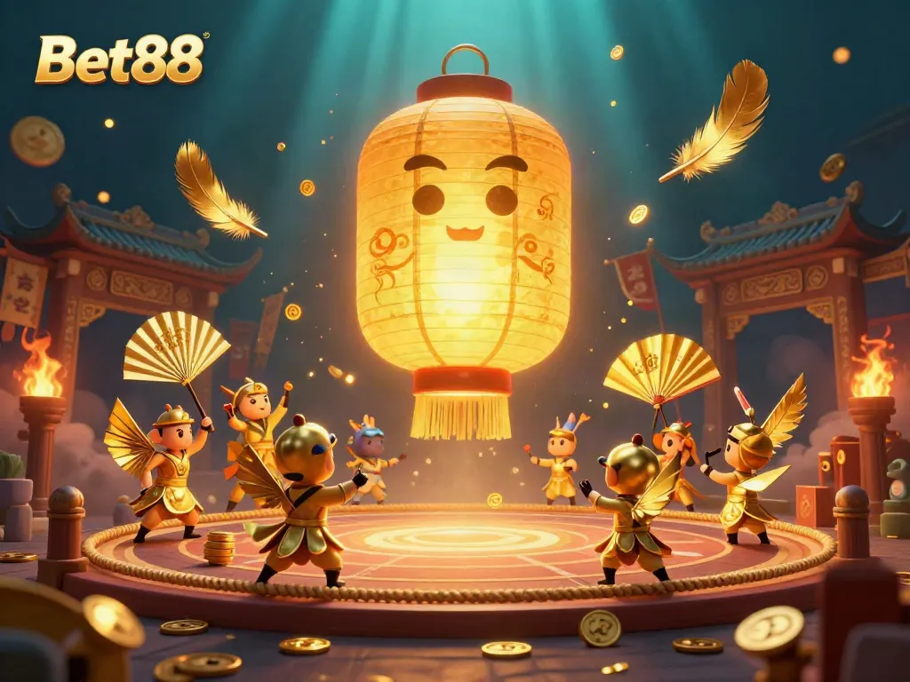 Bet88 showcases a lively casino scene with glowing lantern spirits and dynamic gaming elements.