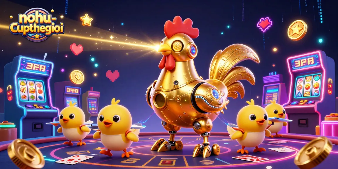 Engage in thrilling gaming with nohu-cupthegioi featuring a golden rooster robot amidst colorful casino elements.
