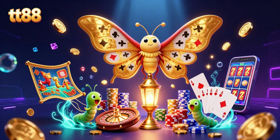 Experience vibrant gaming energy with tt88 as golden coins and roulette wheels spin in a dazzling illustration.