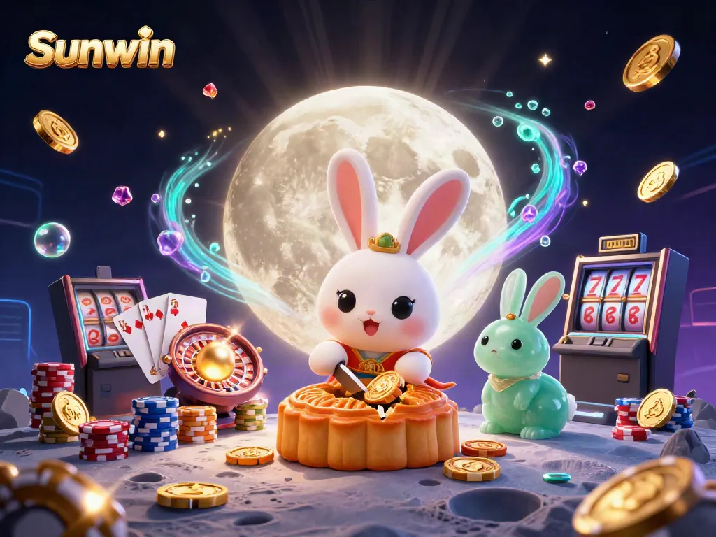 Engage with Sunwin's thrilling casino adventure illustrated through a vibrant moon rabbit scene filled with golden gaming elements.