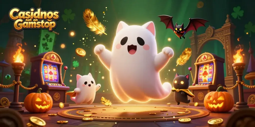 Experience excitement at Casinos not on gamstop with a ghost cat and vibrant casino elements.