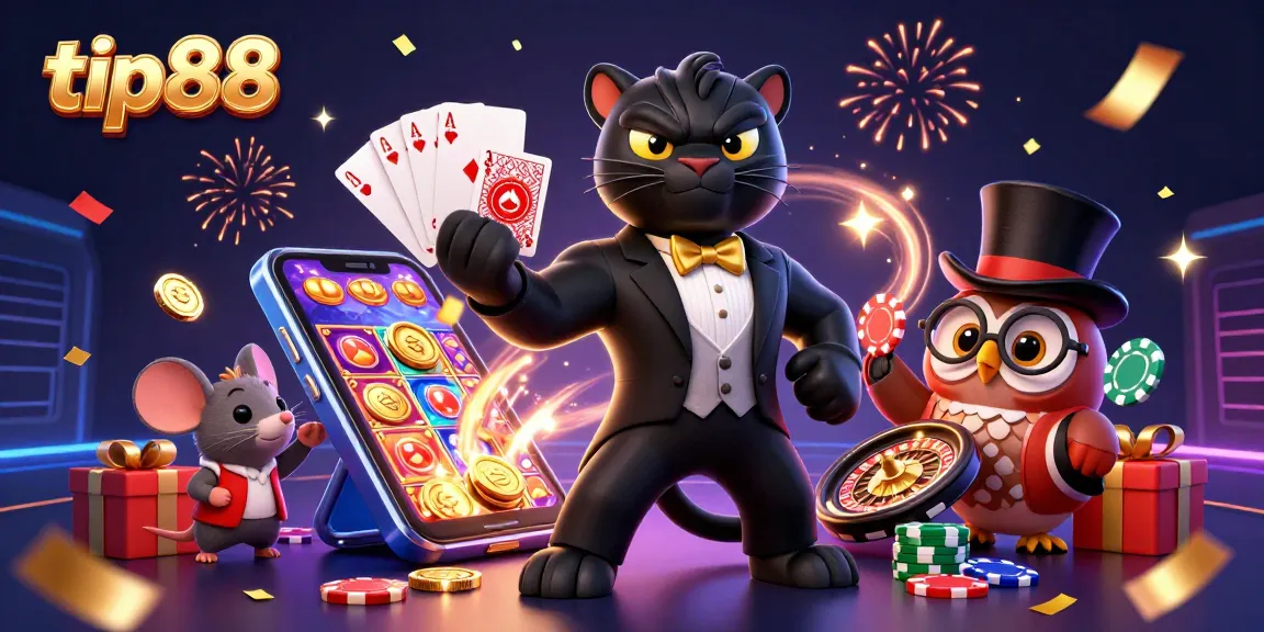 Experience thrilling poker action with tip88's vibrant casino illustration featuring stylish characters and gaming elements.