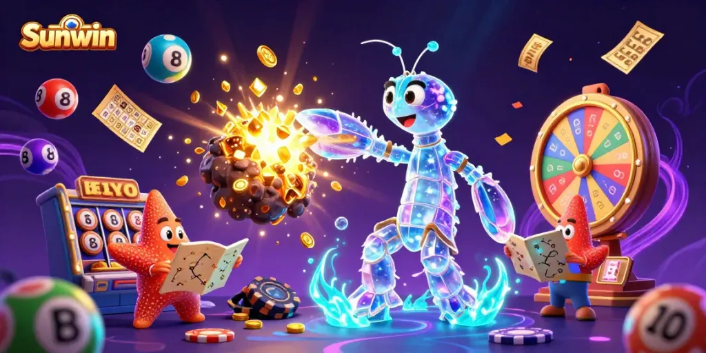 Sunwin casino-themed illustration showcasing vibrant elements like slot machines, colorful lottery balls, and treasure explosions.