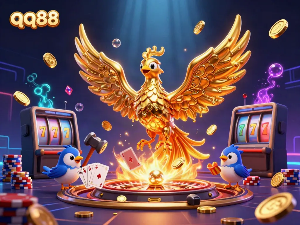Experience the thrill of qq88 with a golden phoenix and vibrant casino elements