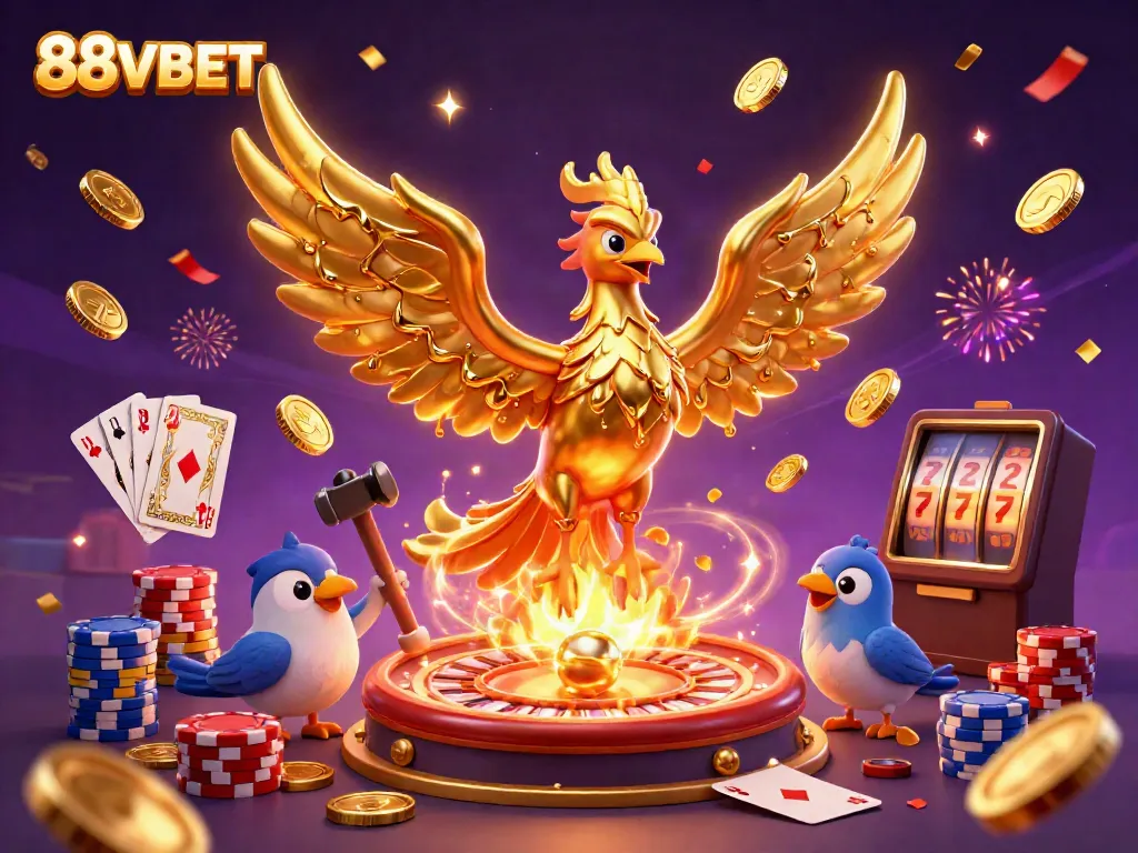 Experience thrilling gambling adventures with 88VBET featuring vibrant 3D illustrations of games and casino elements.