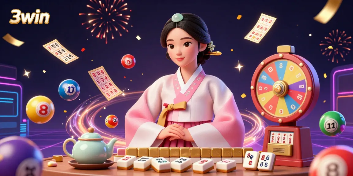 Experience thrilling 3win moments with dynamic lottery elements and a serene Asian woman in celebration.
